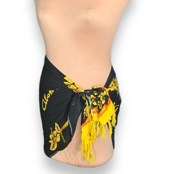 Hawaiian Sarong Wrap Scarf Black Yellow Floral Aloha Fringe Beach Swim Coverup - Picture 1 of 10